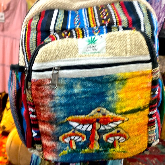 Rising International Handbags - Small hemp backpack with colorful mushroom embroidered